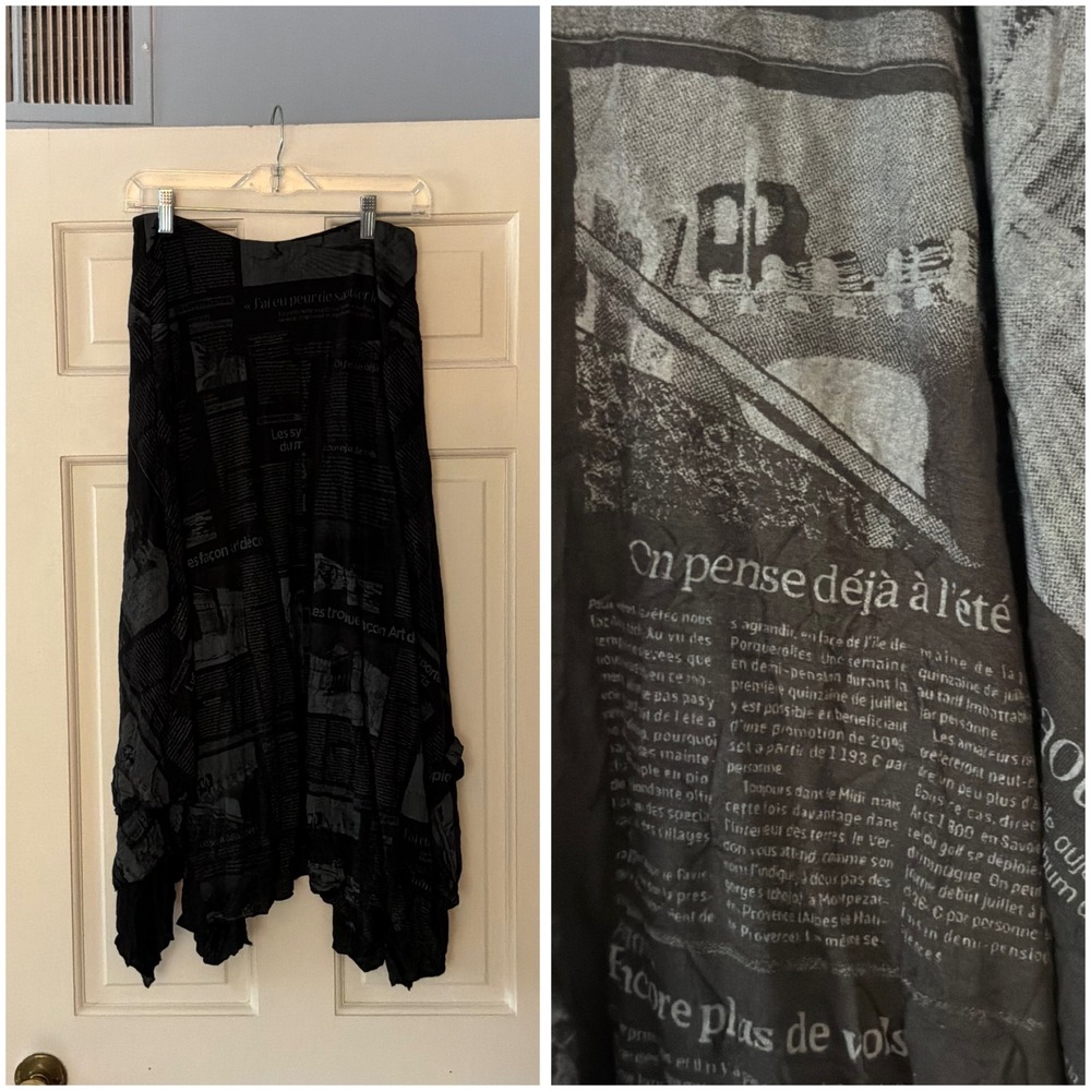 Comfy USA Lori Skirt Black French Newspaper Print Midi Lagenlook Boho M NEW Art